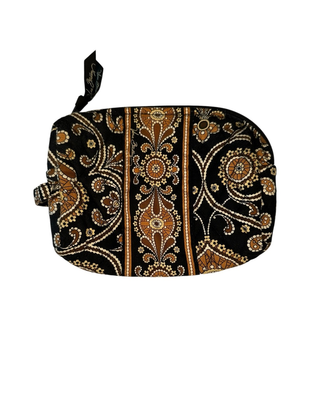 Vera Bradley Cosmetic Makeup Bag Black Brown Paisley Plastic Lined Zip Travel